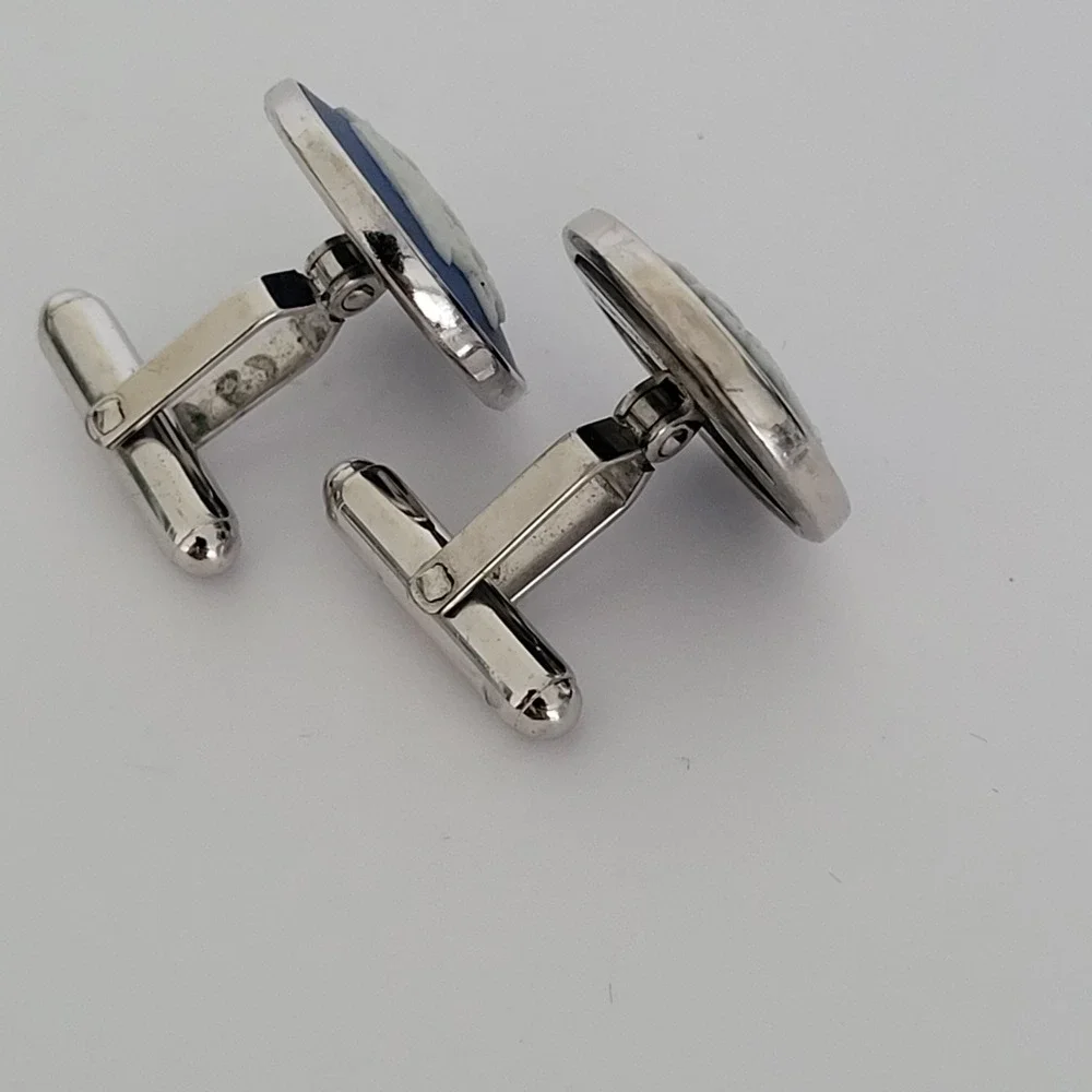 Wedgwood Blue Jasperware Sailing Ship Cufflinks Vintage Silver Tone England